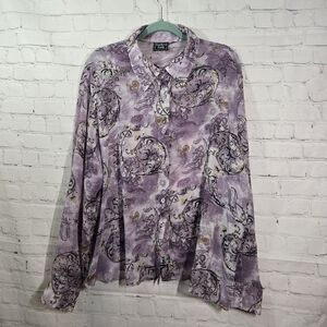 Southern Lady Vtg Sheer Paisley gold glitter button Blouse 2X Artsy Euro Fairy